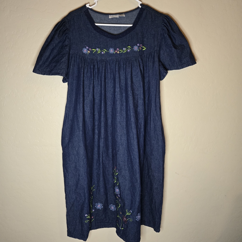 VTG 90s Denim Dress Womens Floral Embroidered 100% Cotton Cottagecore